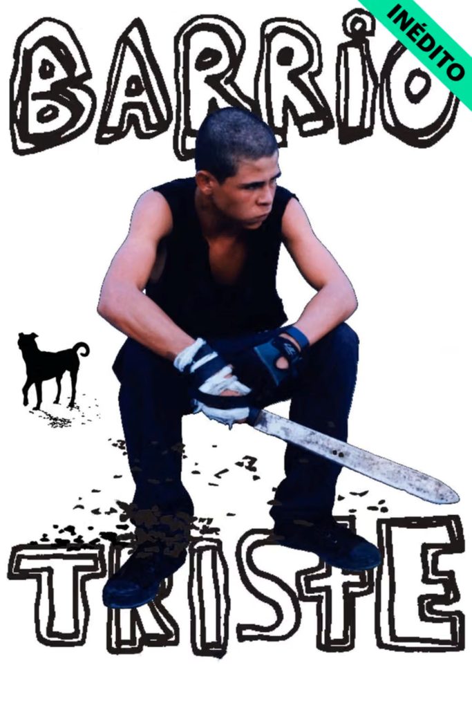 Cartel promocional de la película con un joven sentado sosteniendo un machete.