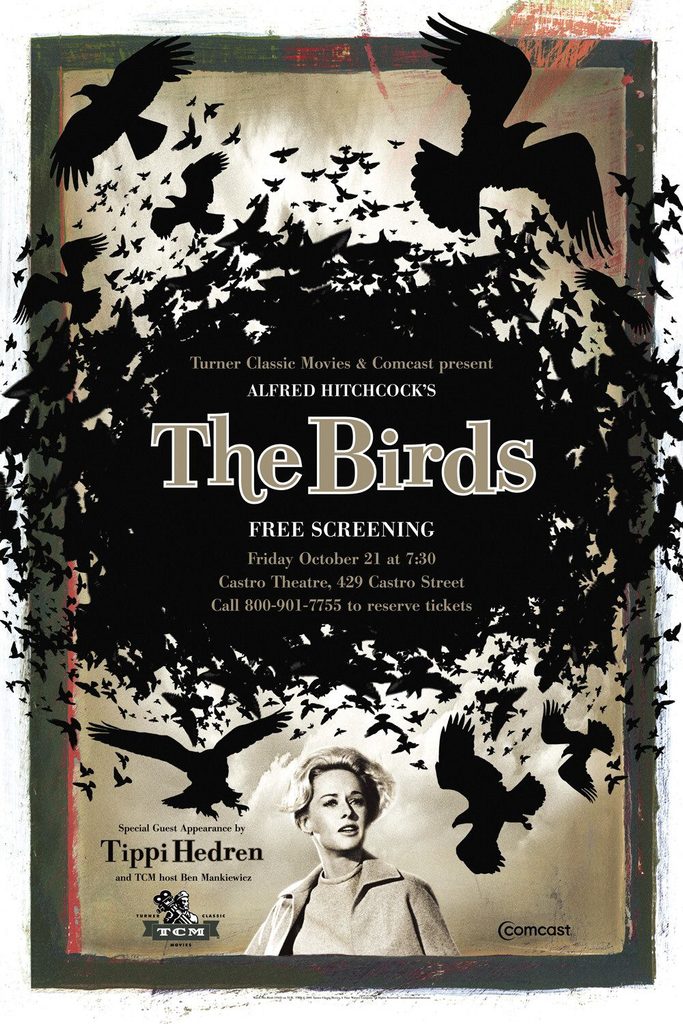 Cartel promocional de una proyección gratuita de Los pájaros con Tippi Hedren en primer plano.