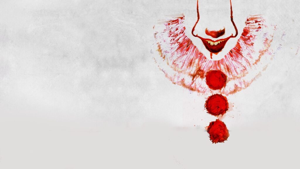Ilustración de la boca sonriente y la gorguera de Pennywise, pintadas en rojo sobre fondo blanco, de la película It