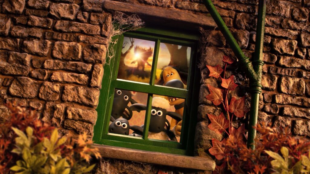 Bitzer y las ovejas miran asustados por la ventana de la granja, en cuyo cristal se refleja la bestia