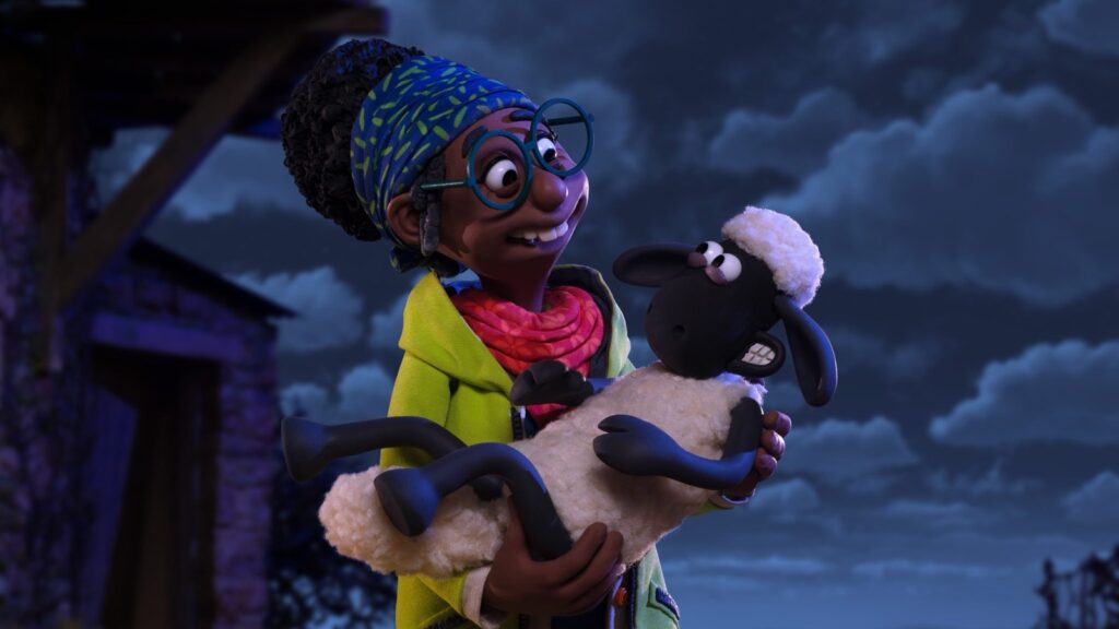La veterinaria de Mossingham, con gafas y pañuelo en la cabeza, abraza a Shaun de noche