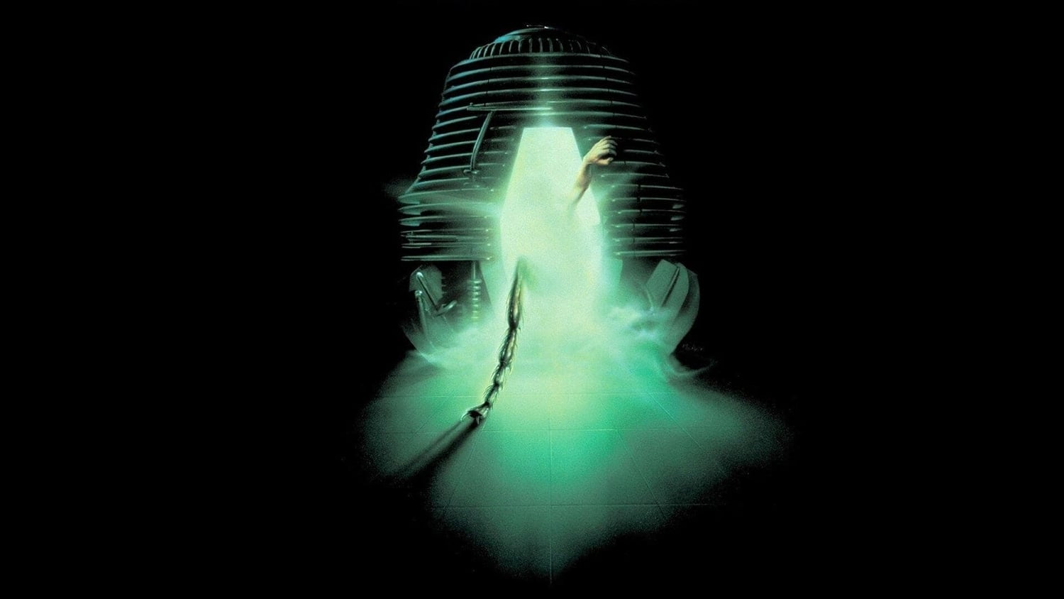 La cabina de teletransporte iluminada en verde, del cartel de La mosca, de David Cronenberg