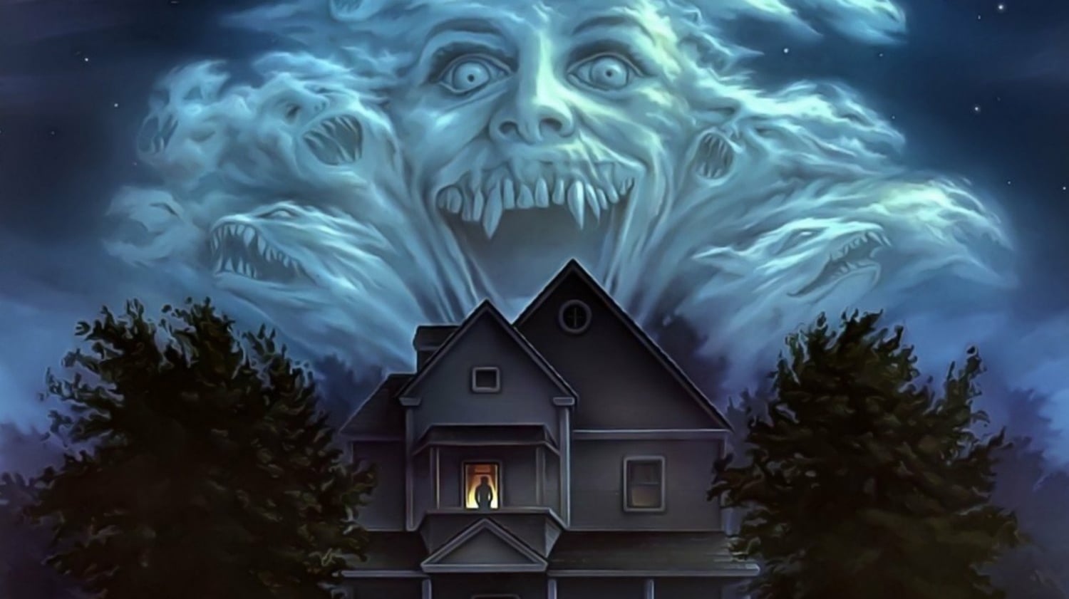 Un rostro de vampiro entre las nubes sobre una casa, del cartel de Noche de miedo