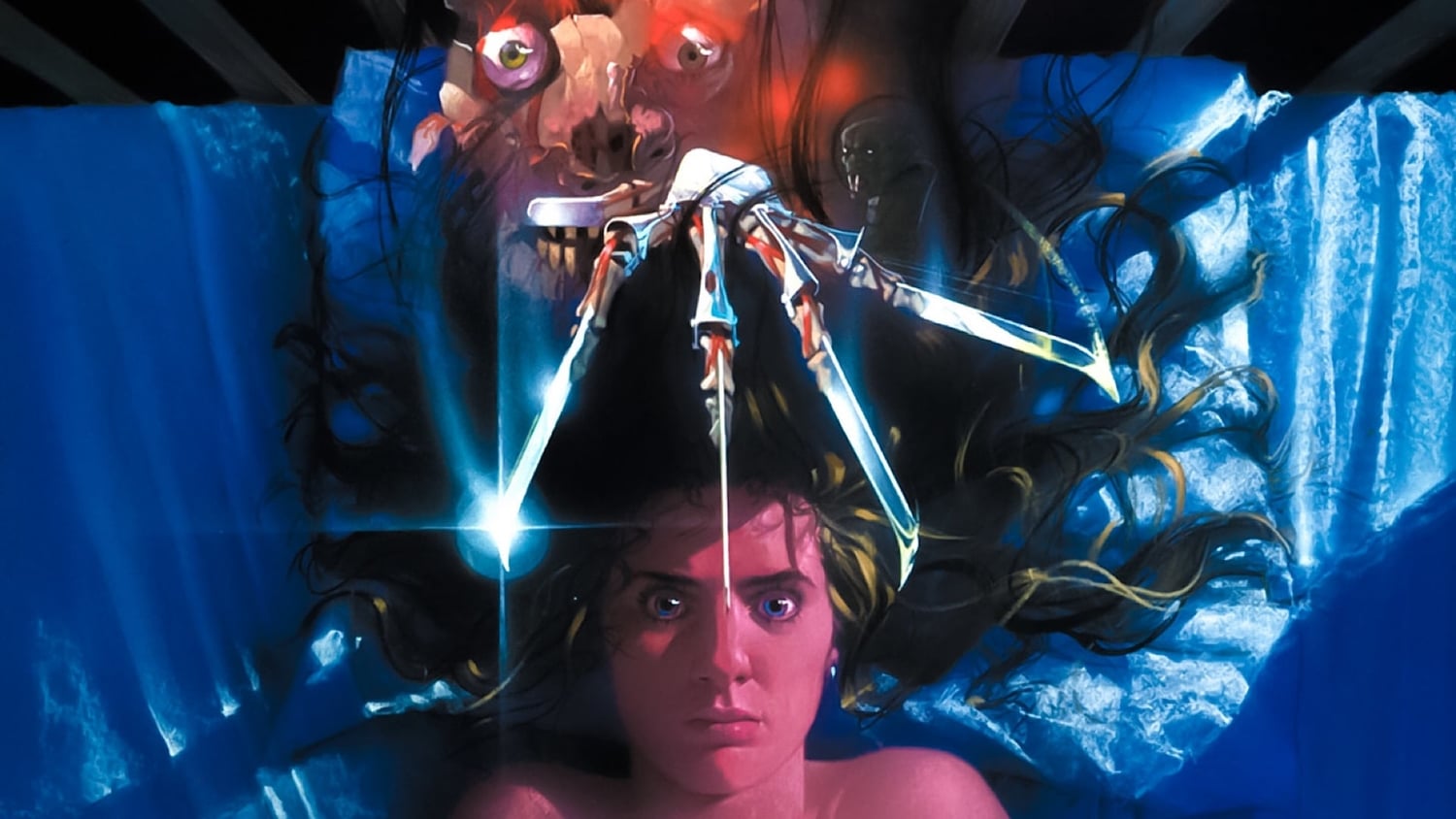 La garra de Freddy Krueger sobre Nancy en la cama, del cartel de Pesadilla en Elm Street