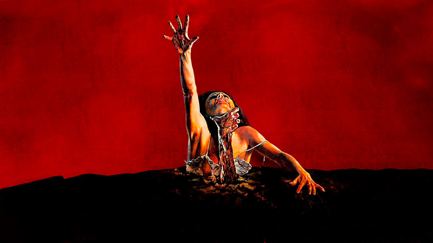 Una mano que sale de la tierra sobre fondo rojo, del cartel de Posesión infernal
