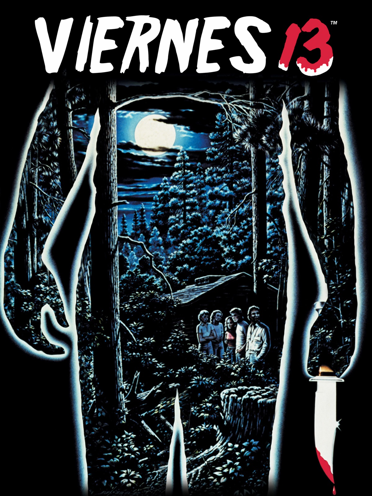 Cartel de Viernes 13, con el bosque y el campamento dentro de una silueta