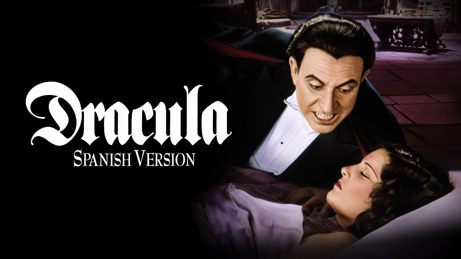 Carlos Villarías inclinado sobre Lupita Tovar en la versión en español de Drácula